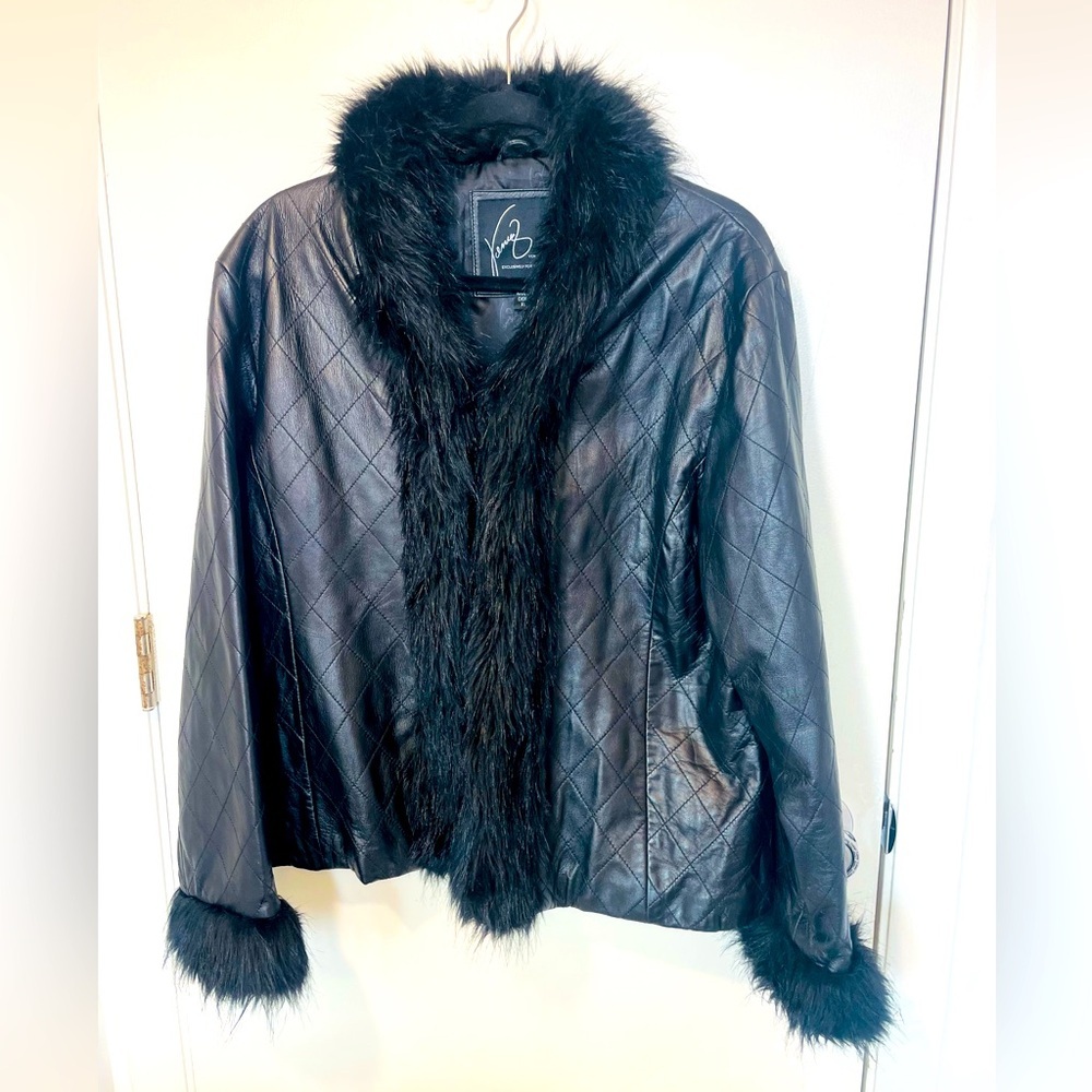 Venus Williams quilted black leather jacket Wilsons faux fur trim coat sz XL